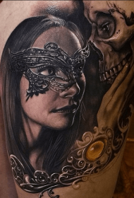 Realism style women mask and human skull tattoo