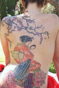Warna punggung geisha Jepang dan pola tato bunga sakura