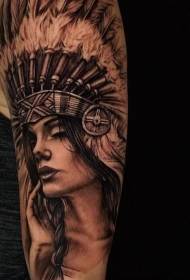 Shoulder brown engraving style indian woman portrait tattoo