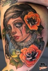 New school crying woman portrait flower and bird tattoo pattern