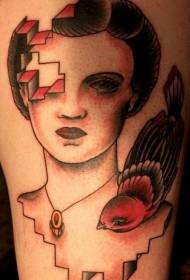 Old school fallen woman portrait with cute bird tattoo pattern