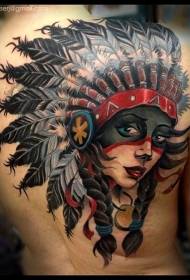 Tatuaggio colorato donna indiana sul retro nuovo stile tradizionale
