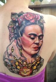 Nugaros moters portreto katės ir gėlių tatuiruotės modelis