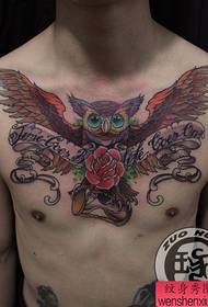 Vyriškos priekinės krūtinės kietas meilės pelėdos tatuiruotės modelis