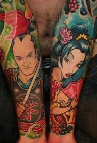 Colorful samurai and geisha tattoo designs on the back of the dreamy cartoon style