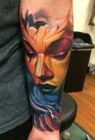 Colorful mysterious female portrait tattoo in modern traditional style