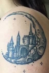 Girl shoulder tattoo black and white gray style thorn tattoo moon building tattoo picture