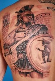 Rygg gladiator rustning med skjold og sverd tatoveringsmønster