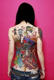 Meitenes atpakaļ Āzijas geišas mākslas darbu krāsu tetovējuma modeli