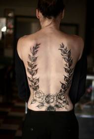 Back cute black gray rose plant tattoo pattern