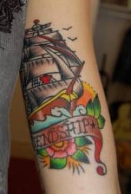 Arm color traditional pirate ship tattoo pattern