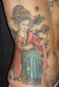 Waist side geisha with flower tattoo pattern