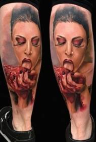 Leg color horror style bloody woman with heart tattoo