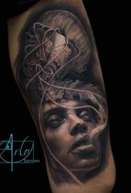 Creative black grey female portrait with ornate jellyfish tattoo pattern