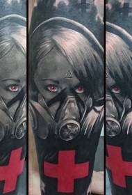New school gas mask female portrait and cross tattoo pattern