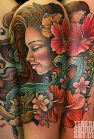 Stara škola ruku šareni ženski portret s cvjetnim uzorkom tetovaža