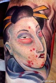 Āzijas stila asiņainā geišas portreta tetovējuma modelis