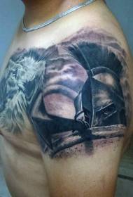 Modello di tatuaggio elmo guerriero spartano realistico spalla colore