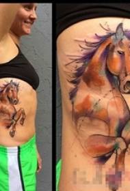 Κορίτσι πλευρική μέση ζωγραφισμένη ακουαρέλα δημιουργική προσωπικότητα ζώο άλογο τατουάζ εικόνα