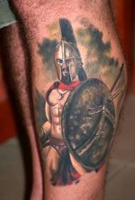 雙腿顏色逼真的斯巴達勇士紋身圖案