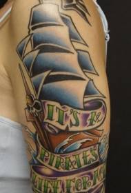 Shoulder color pirate ship English tattoo pattern