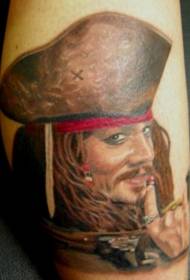 腿部彩色杰克·斯帕罗船长肖像纹身