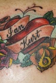 Nugaros spalvos širdies formos gėlės su angliškų tatuiruočių nuotraukomis