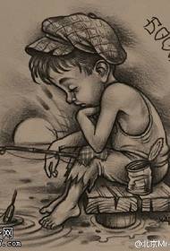 Sketch fishing little boy tattoo pattern