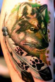 Beautiful colored wolf head feather tattoo pattern