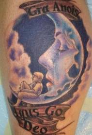Leg color moon with little boy tattoo picture