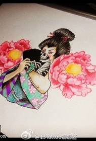 Modèle manuscrit de tatouage de pivoine geisha coloré