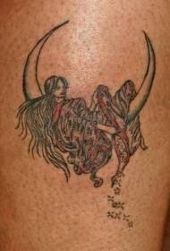 Girl tattoo on the leg colored moon
