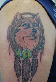 Skouerkleur Indiese droom vanger met wolf tatoeëring
