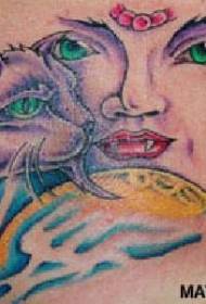 Patrón de tatuaje espeluznante de niña y gato de color