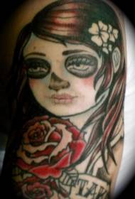 Shoulder color zombie girl rose tattoo pattern