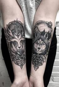 Arm engraving style black deer and forest wolf tattoo pattern