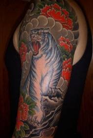 Iso käsivarsi värillinen pioni ja valkoinen tiikeri-tatuointikuvio