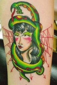 Serpenta kaj knabina aranea mano tirita stilo tatuaje ŝablono