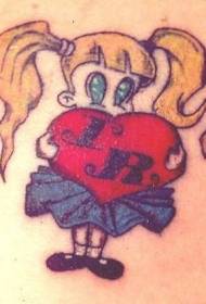 Црвена девојчица у цртићу у рамену, која држи љубавни узорак тетоважа