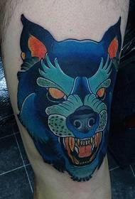 Leg color devil wolf head tattoo picture