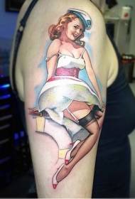 Shoulder colored vintage sailor poster girl tattoo