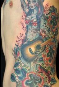 Sexy beauty zombie tattoo picture of waist side color playing guitar