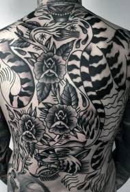 стара школа пълно гръб черно-бяла тигрова роза татуировка модел