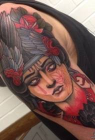European and American wings crow head girl rose tattoo pattern