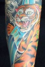 arm colored tiger and waterfall tattoo pattern