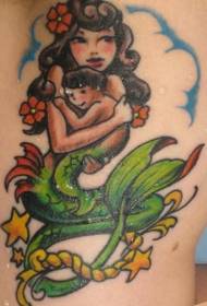 Mermaid with its baby color tattoo pattern