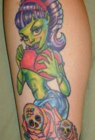 Leg color funny zombie girl tattoo pattern