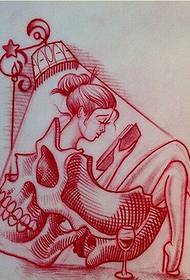 תמונת דפוס כתב יד של קעקוע גולגולת ילדה יפה