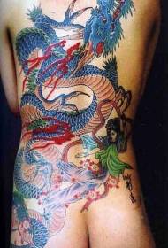 Padrão de tatuagem de dragão japonês completo nas costas azul
