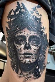 Thigh black grey bird and death girl tattoo pattern